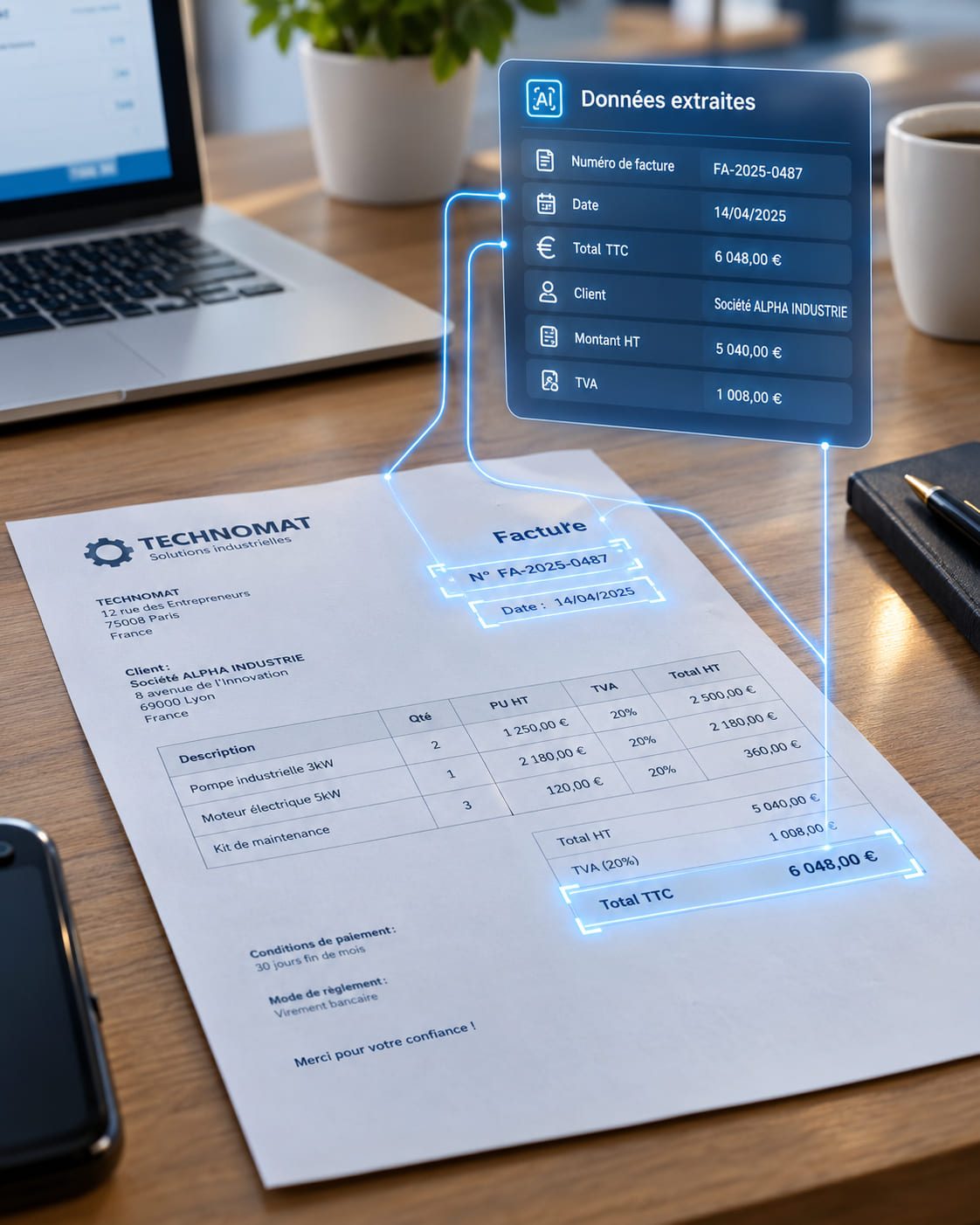 Extraction de données de documents par IA (factures, commandes)